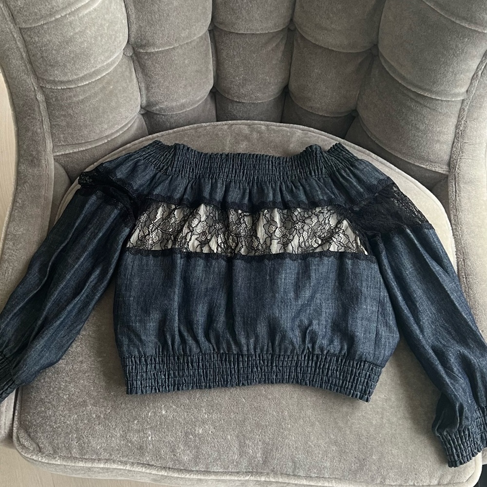 Alice + Olivia Denim Lace Off the Shoulder Top